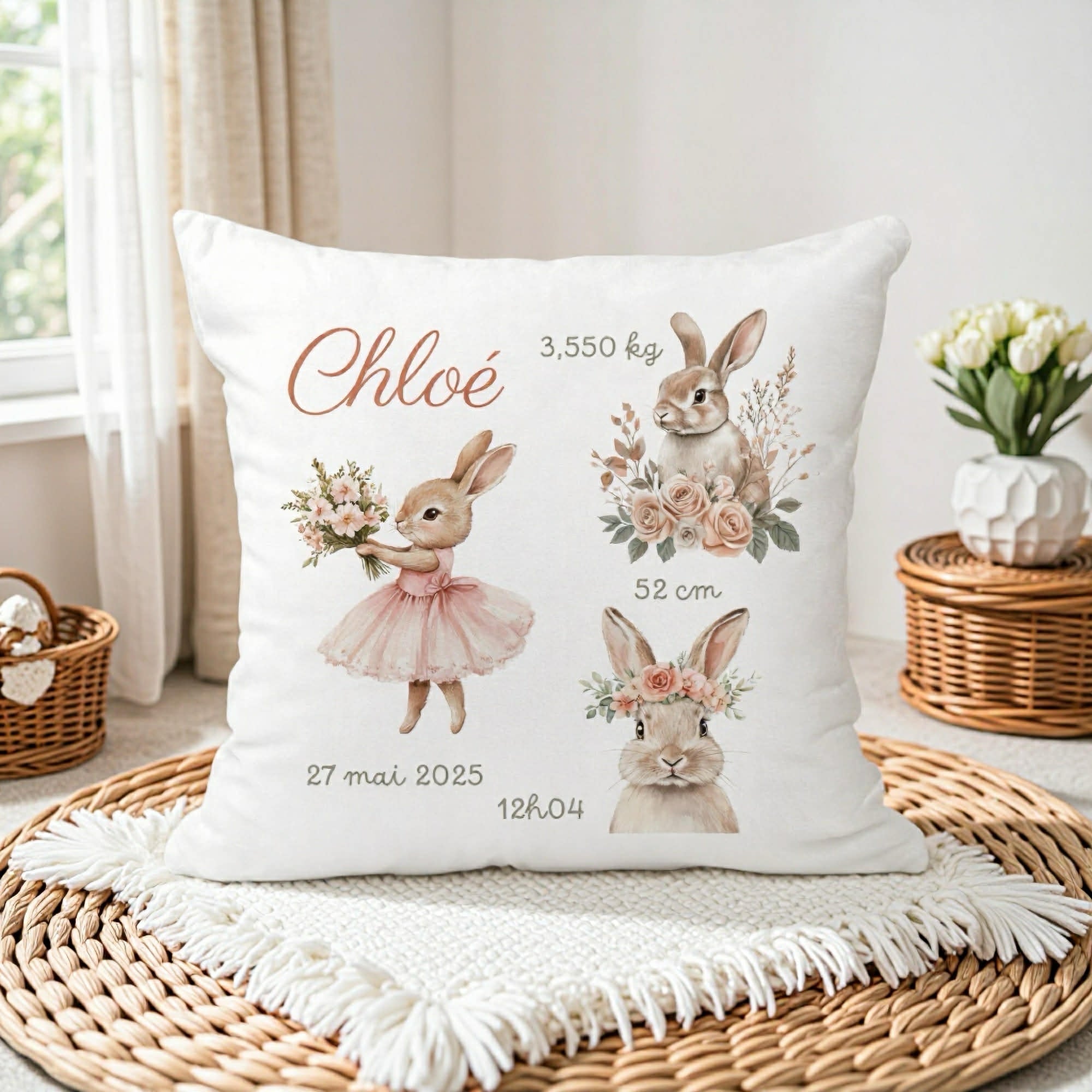 Housse de Coussin Naissance - Lapine Fleurs