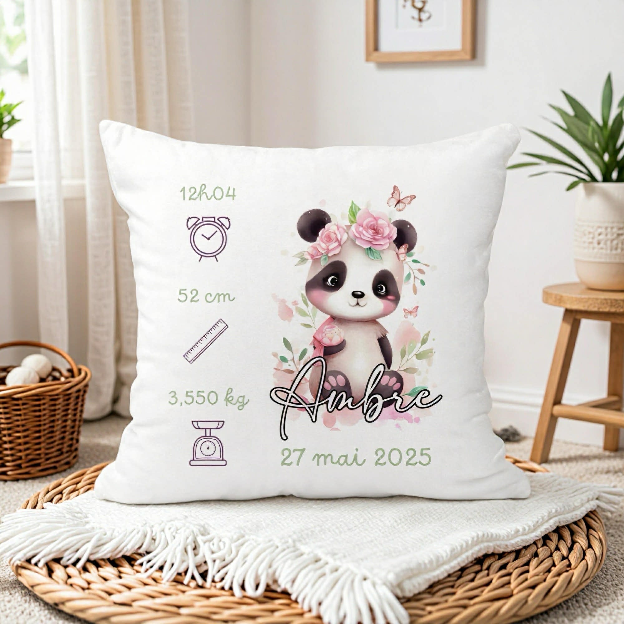 Housse de Coussin Naissance - Panda Fleurs