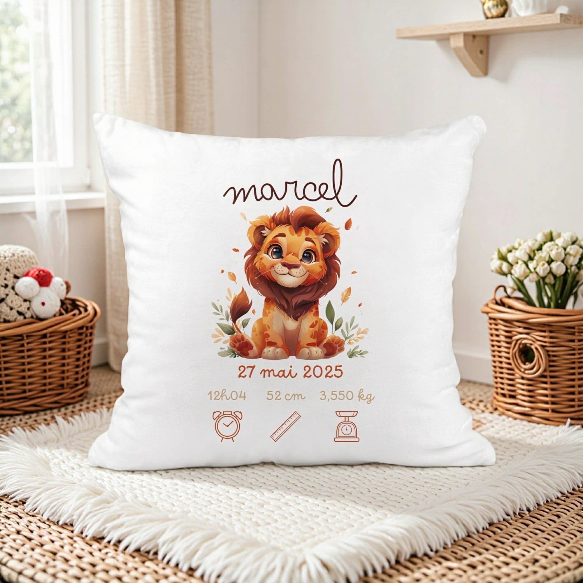 Housse de Coussin Naissance - Lion Fleurs