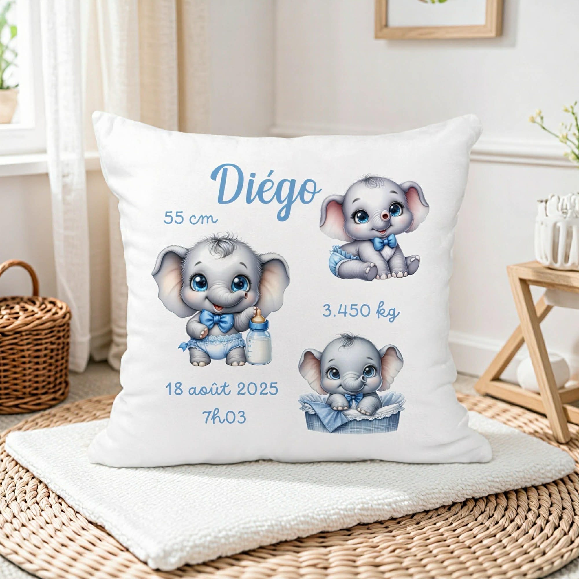 Housse de Coussin Naissance - Eléphant Bleu