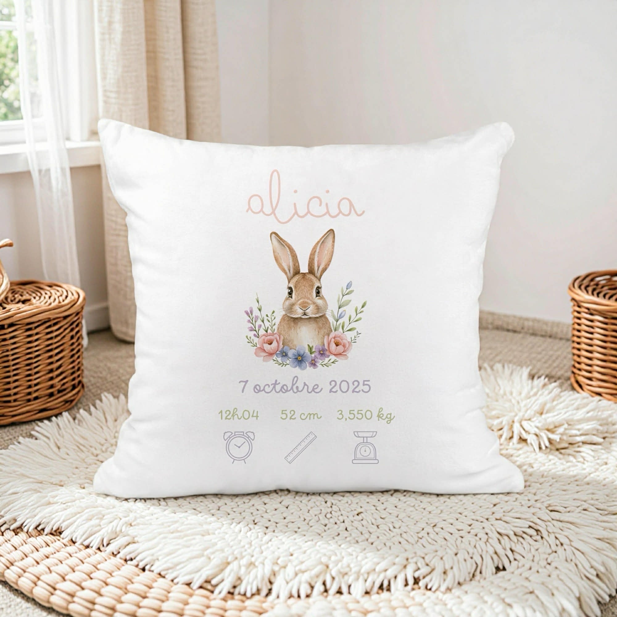 Housse de Coussin Naissance - Lapin Fleur