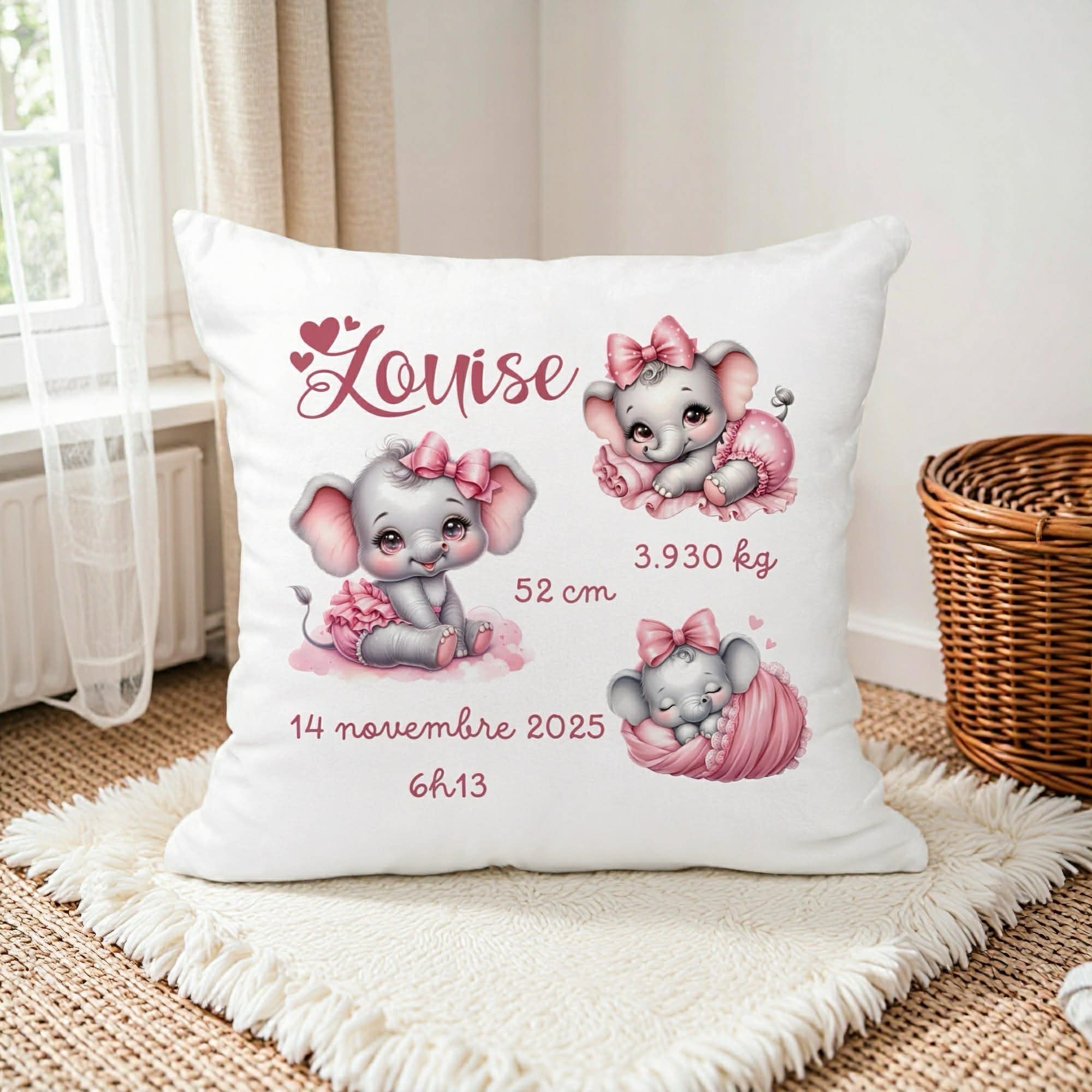 Housse de Coussin Naissance - Eléphant Rose