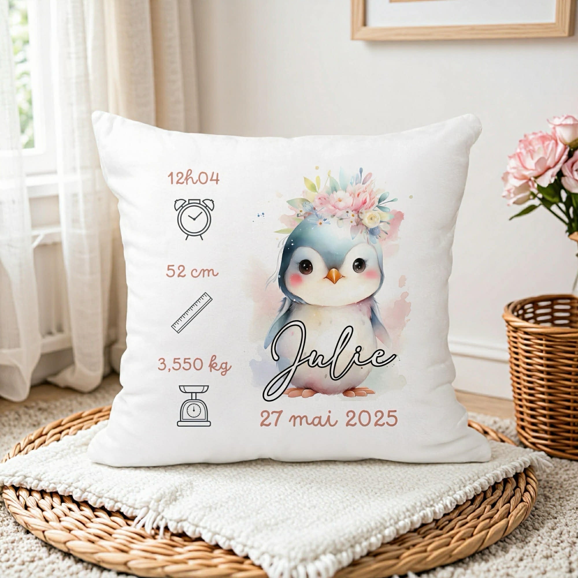 Housse de Coussin Naissance - Pingouin Fleurs