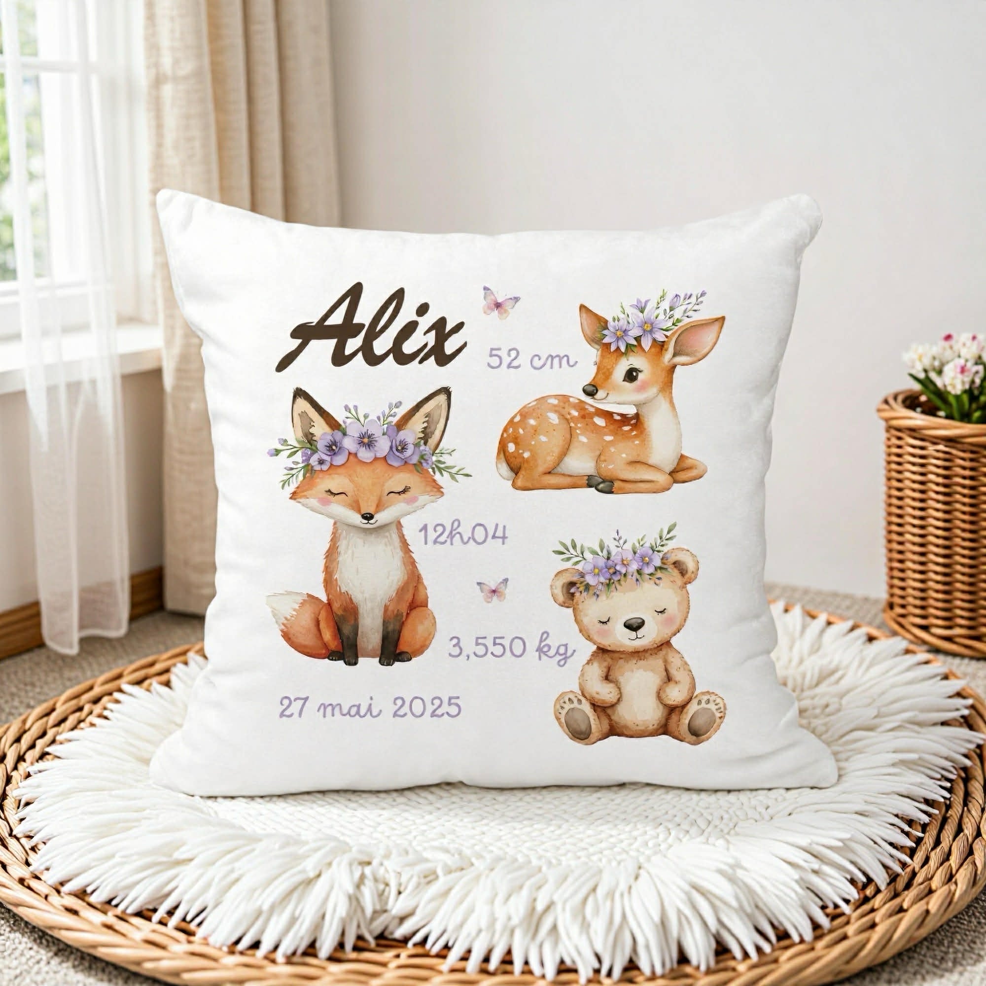 Housse de Coussin Naissance - Animaux Fleurs
