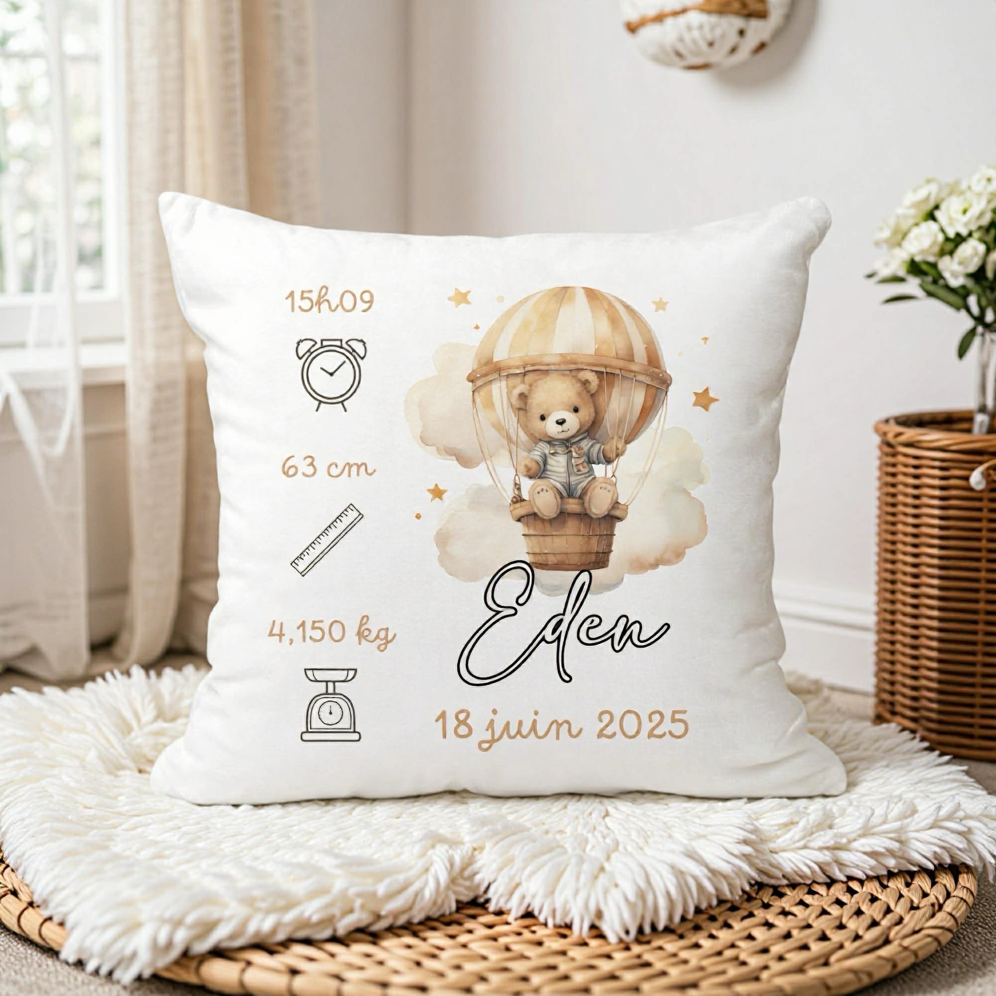 Housse de Coussin Naissance - Montgolfière Ours
